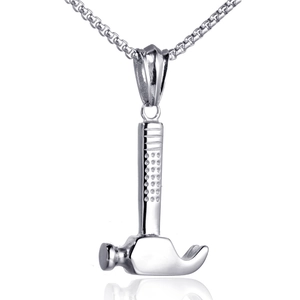 Polished silver hammer pendant necklace with sleek box chain on white background