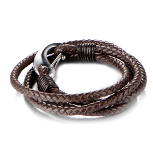 Men's multi-layer braided brown leather bracelet with silver fish hook metal clasp