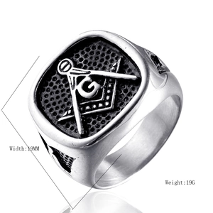 Bague maçonnique pour homme en acier titane avec symbole compas G sur fond noir