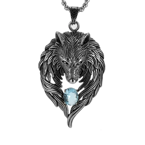 Hip Hop Rock Wolf Totem Stainless Steel Necklace Pendant Men Large Wolf Head Rhinestone Inlaid Vintage Animal Jewelry