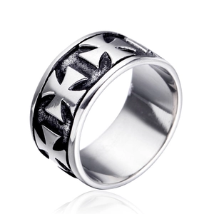 Bague Croix Vintage Homme Acier Inoxydable Punk Band Gothique Relief Poli Vieilli Couleur Acier Bijoux Cadeau