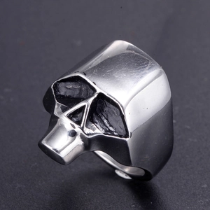 Polished silver stainless steel skull ring with gothic industrial helmet design