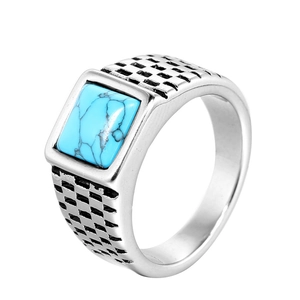Retro stainless steel ring with square turquoise stone and grid texture band