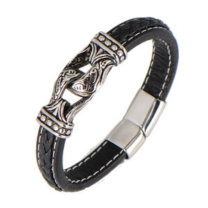 Men's Vintage Leather Woven Bracelet With Stainless Steel Magnetic Clasp Retro Carved Metal Charm Braided Hand Jewelry Accessory