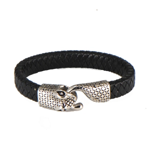 Vintage punk snake head clasp with black braided leather stainless steel bracelet