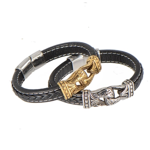 Mens woven black leather bracelets with vintage stainless steel magnetic clasps