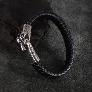 Vintage stainless steel wolf head bracelet with black braided leather in punk style
