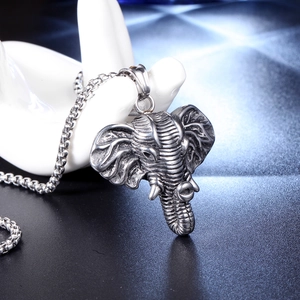 Vintage stainless steel elephant head pendant necklace for men on a square box chain