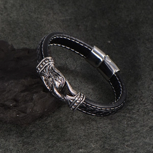 Men's retro braided black leather bracelet with silver tribal engraved stainless steel clasp