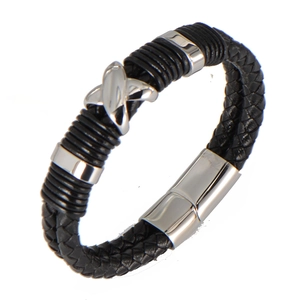 Men Braided Leather Bracelet With Stainless Steel Magnetic Clasp Punk X Metal Decoration Black Cord Wristband For Men Jewelry
