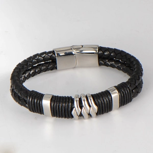 Men's double-braid black leather bracelet with silver metal rings and clasp closure