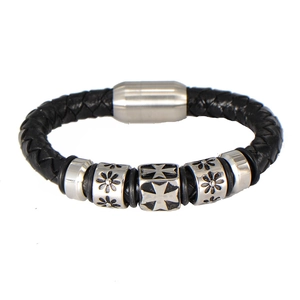 Men's braided leather bracelet with silver cross pendant and magnetic steel clasp