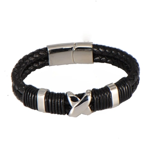 Men's double-layer black braided leather bracelet with silver magnetic buckle and X-motif