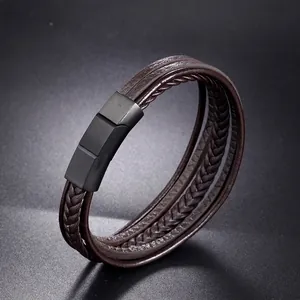 Multi-layer braided leather bracelet for men with matte black magnetic clasp