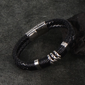 Men's double-braided black leather bracelet with silver magnetic clasp and metal rings