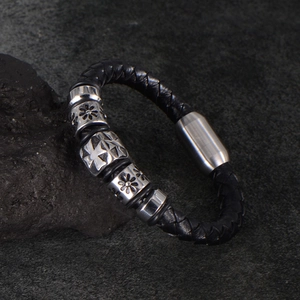 Men's retro braided black leather bracelet with silver cross and floral charms