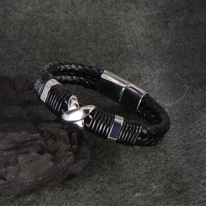 Men's double-layered braided black leather bracelet with silver stainless steel magnetic clasp