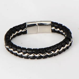 Men's woven leather bracelet with silver metal chain accents and magnetic clasp