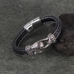 Men's retro braided black leather bracelet with silver embossed stainless steel magnetic clasp