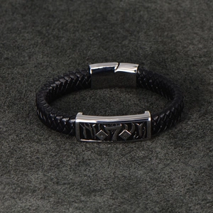 Men's double-layered black braided leather bracelet with engraved silver metal clasp