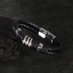 Men's double-layered black braided leather bracelet with stainless steel magnetic clasp