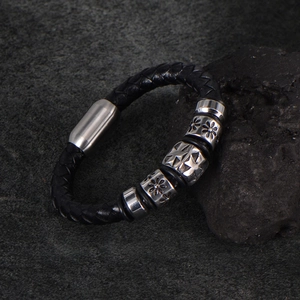 Men's vintage black braided leather bracelet with silver cross beads and magnetic clasp