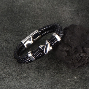 Black braided leather men's bracelet with silver X-shaped steel clasp and metal accents