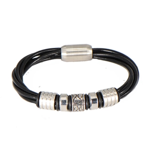 Bracelet multicouche en cuir noir pour homme avec perles vintage et fermoir magnétique