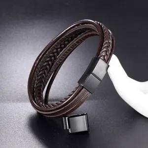 Men's multilayer braided brown leather bracelet with black matte magnetic metal clasp
