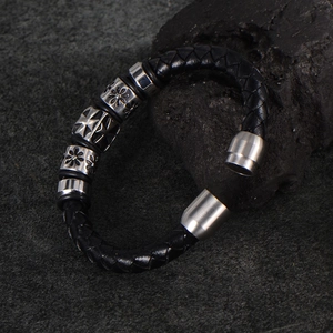 Men's punk braided leather bracelet with silver metal cross charms and magnetic clasp