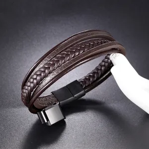 Adjustable multilayer braided dark brown leather bracelet with a black magnetic buckle