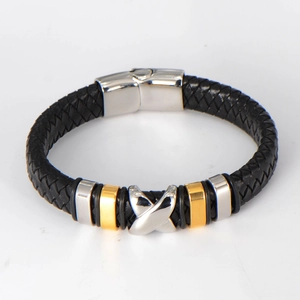 Men's braided black leather bracelet with silver X-shaped charm and magnetic clasp