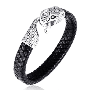 Men Braided Leather Bracelet With Stainless Steel Snake Head Clasp Viking Punk Retro Jewelry Fashion Hand Chain