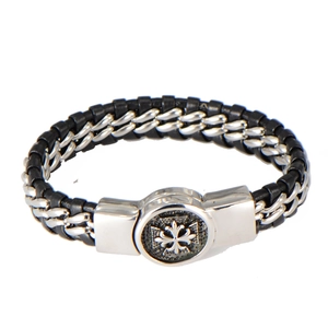 Men's punk style braided leather bracelet with silver metal chain and magnetic cross clasp