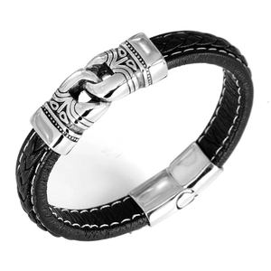 Bracelet pour Homme en Cuir Tressé Noir Vintage Avec Fermoir Magnétique en Acier Inoxydable Motif Tribal Bijoux de Mode Cadeau