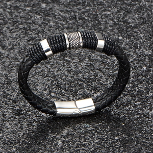 Men's braided black leather bracelet with stainless steel magnetic clasp and beads