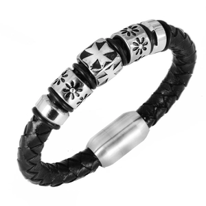 Vintage Men Woven Leather Bracelet Stainless Steel Cross Flower Pattern Beads Punk Gothic Magnetic Clasp Hand Jewelry Gift