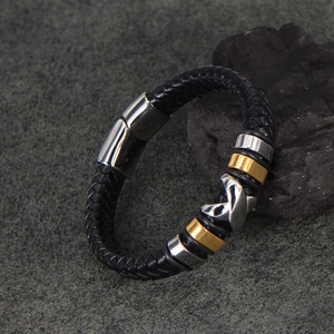 Men's retro woven stainless steel bracelet with black leather and metallic X-pendant