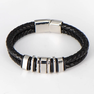 Men's double-braided black leather bracelet with silver stainless steel beads and magnetic clasp