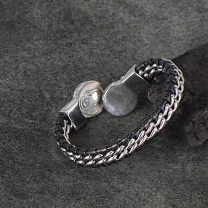 Men's braided bracelet with silver stainless steel chain and black leather strap