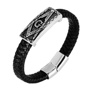 Bracciale da Uomo Massonico in Acciaio Inossidabile e Pelle Intrecciata Nero Argento Vintage Con Chiusura Magnetica
