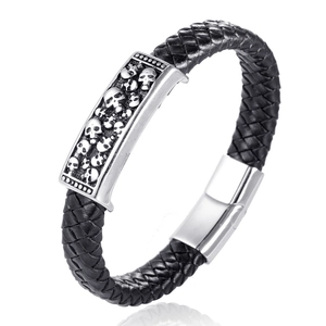 Bracelet Homme Vintage Punk en Acier Inoxydable et Cuir Artificiel Tressé avec Crânes Fermoir Magnétique Bijoux Rock Biker