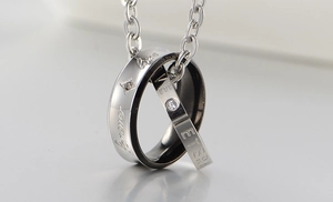 Romantic interlocking double ring necklace with Forever Love engraving and sparkling cubic zirconia