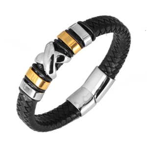 Men's Fashion Stainless Steel Woven Leather Bracelet X-Shaped Metal Charms Personalized Casual Bangle Jewelry For Men Gift