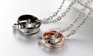 Romantic couple titanium steel necklaces with interlocking rings in black and rose gold