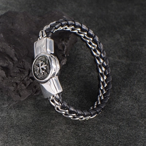 Men's vintage punk woven leather bracelet with silver metal chain and cross-embossed clasp