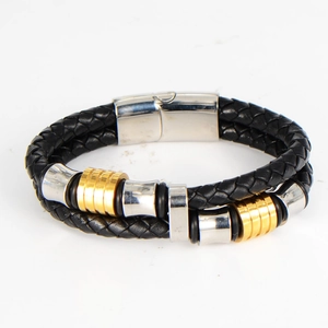 Men's double-layered braided leather bracelet with silver and gold textured metal tubes