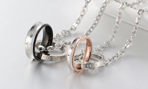 Polished titanium steel couple necklaces with engraved Love and Forever rings