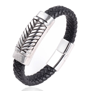 Bracelet Homme en Acier Inoxydable avec Cuir Tissé Motif Géométrique Fermoir Magnétique Manchette Biker Bijoux de Mode Cadeau pour Homme