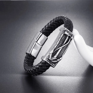 Handgewebtes Herren-Lederarmband in Schwarz mit Edelstahl-Anker-Emblem und Magnetverschluss